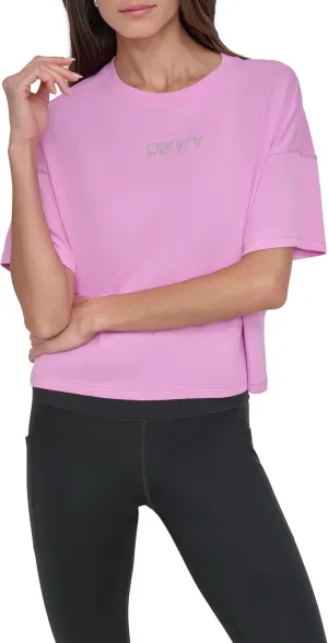 DKNY womens Short Sleeve Rhinestone Logo Relaxed Cropped Tee