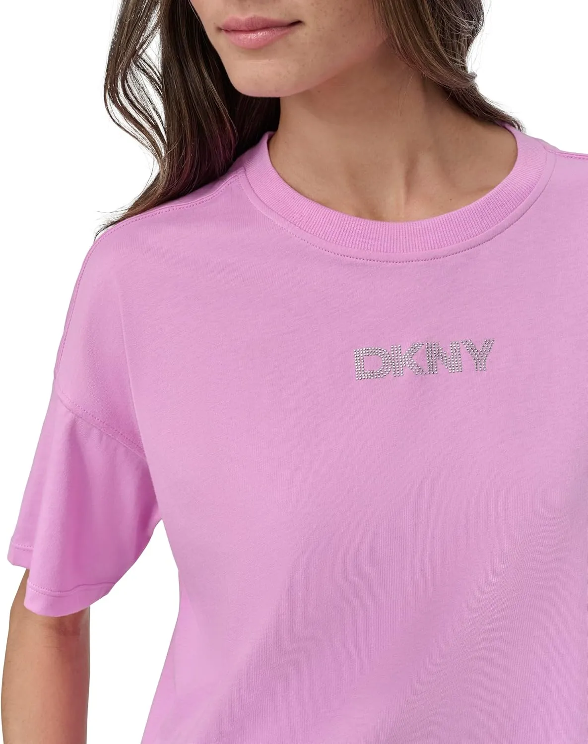 DKNY womens Short Sleeve Rhinestone Logo Relaxed Cropped Tee