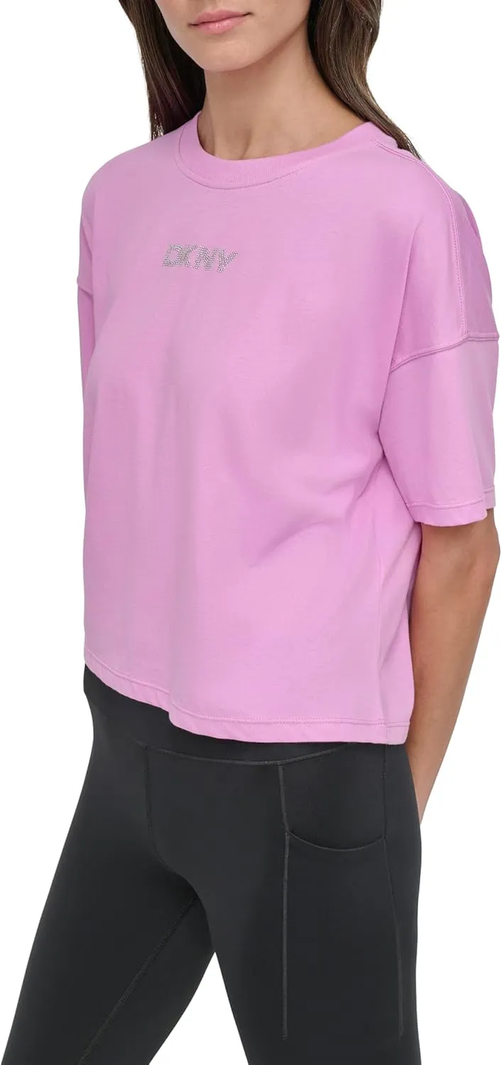DKNY womens Short Sleeve Rhinestone Logo Relaxed Cropped Tee