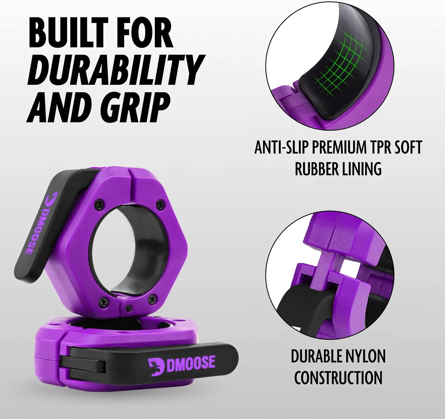 DMoose Fitness Barbell Clips 2" (Pair) - Quick Release Olympic Barbell Clamps & Collars with Anti Slip TPR Lining for Secure Weightlifting & Powerlifting - Weight Clips for Bars at Home or Gym