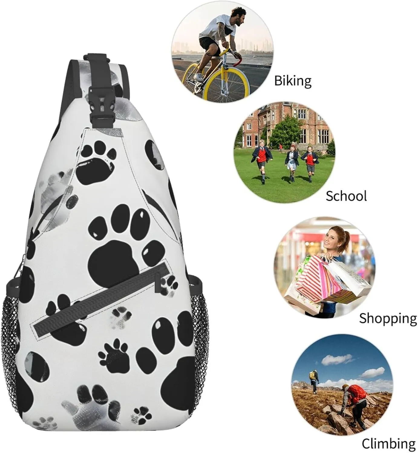 Dog Paw Pattern Print Sling Backpack, Sling Bag, Crossbody Chest Bag Daypack, for Hiking Travel
