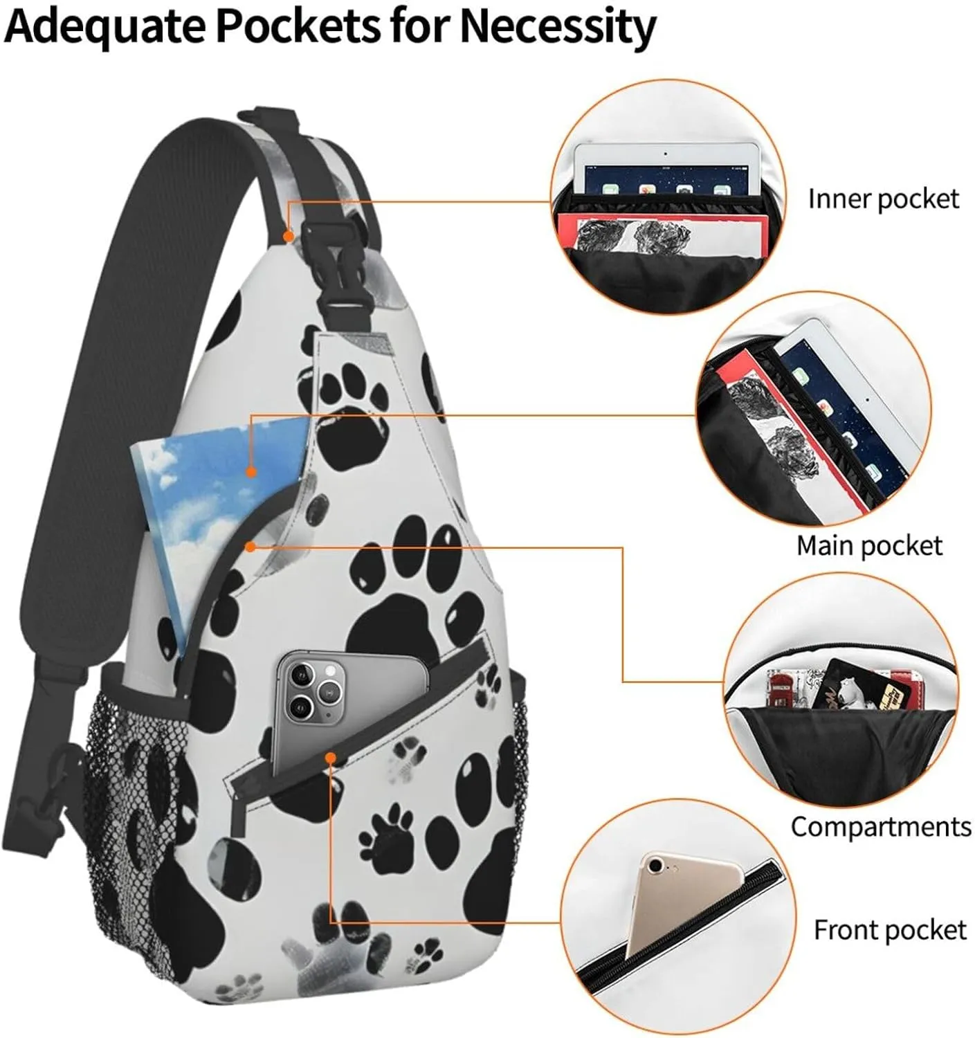 Dog Paw Pattern Print Sling Backpack, Sling Bag, Crossbody Chest Bag Daypack, for Hiking Travel