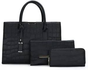 Downupdown Tote Solid Crocodile Print 3-Piece Tote Bag Long Wallet Clutch Top Handle Bag Tote Briefcase