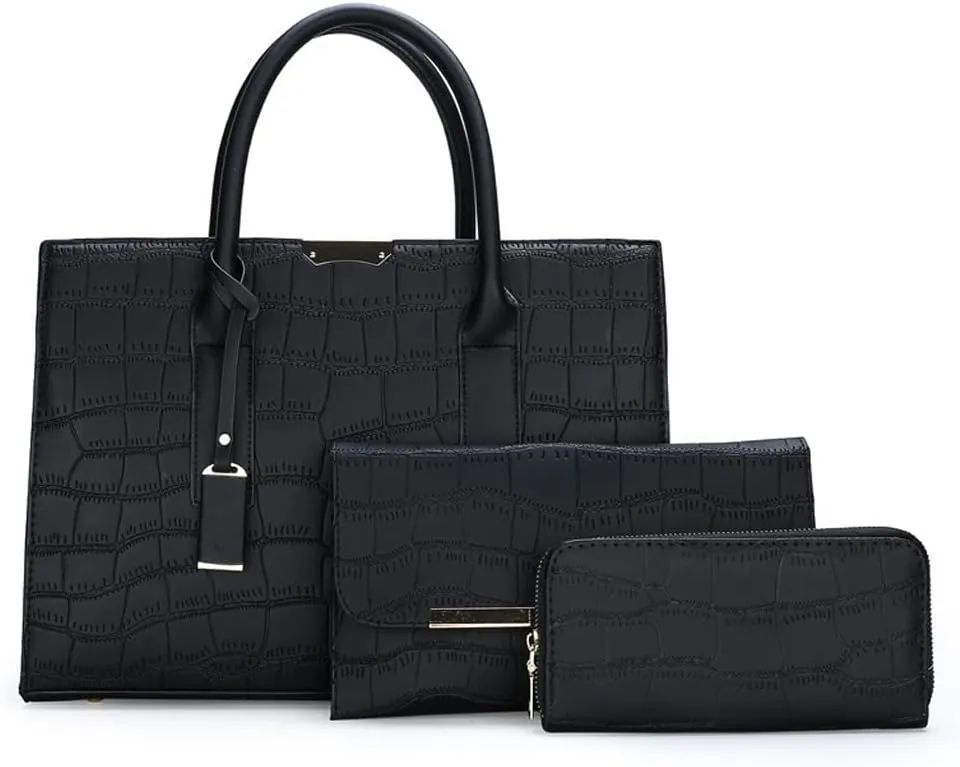 Downupdown Tote Solid Crocodile Print 3-Piece Tote Bag Long Wallet Clutch Top Handle Bag Tote Briefcase