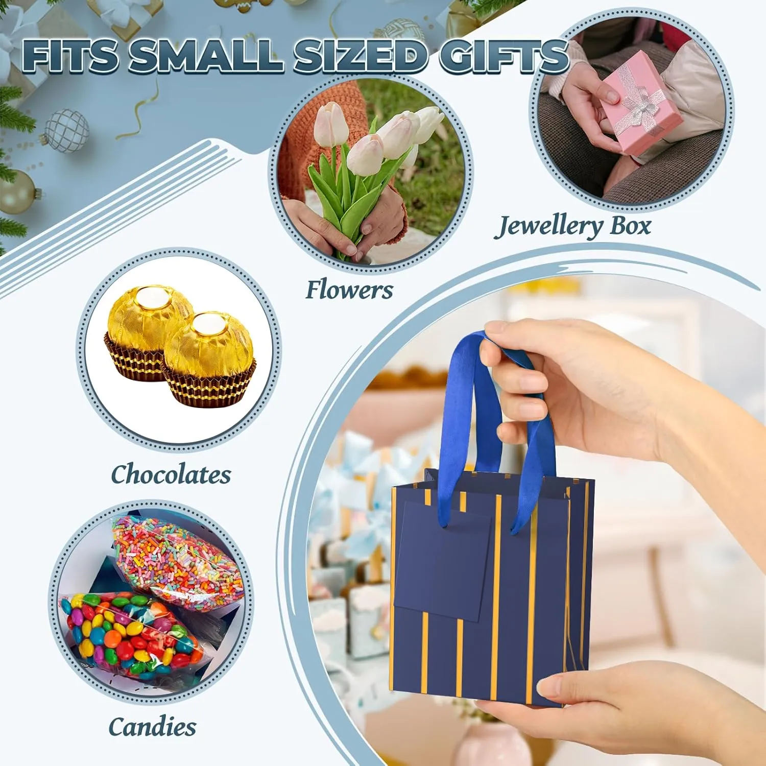 DOYIDE 30 Pcs Small Gift Bags with Handles, 4x2.75x4.5inch Mini Paper Gift Bags, Tiny Party Favor Bags with Tissue and Tag, Welcome Bags for Christmas Valentines Holidays Birthday Wedding Graduation