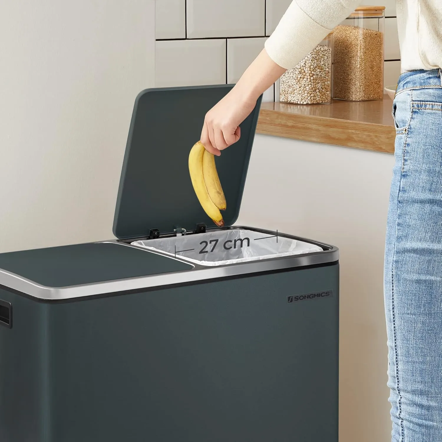 Dual 60 Liters Powder Coated Steel Rubbish Bin - Smoky Grey