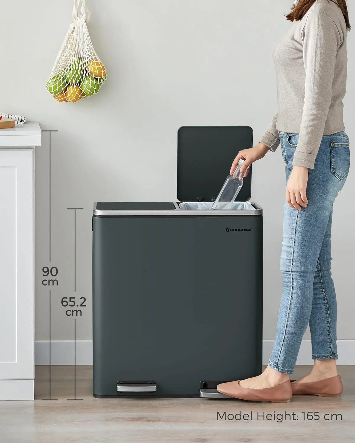 Dual 60 Liters Powder Coated Steel Rubbish Bin - Smoky Grey