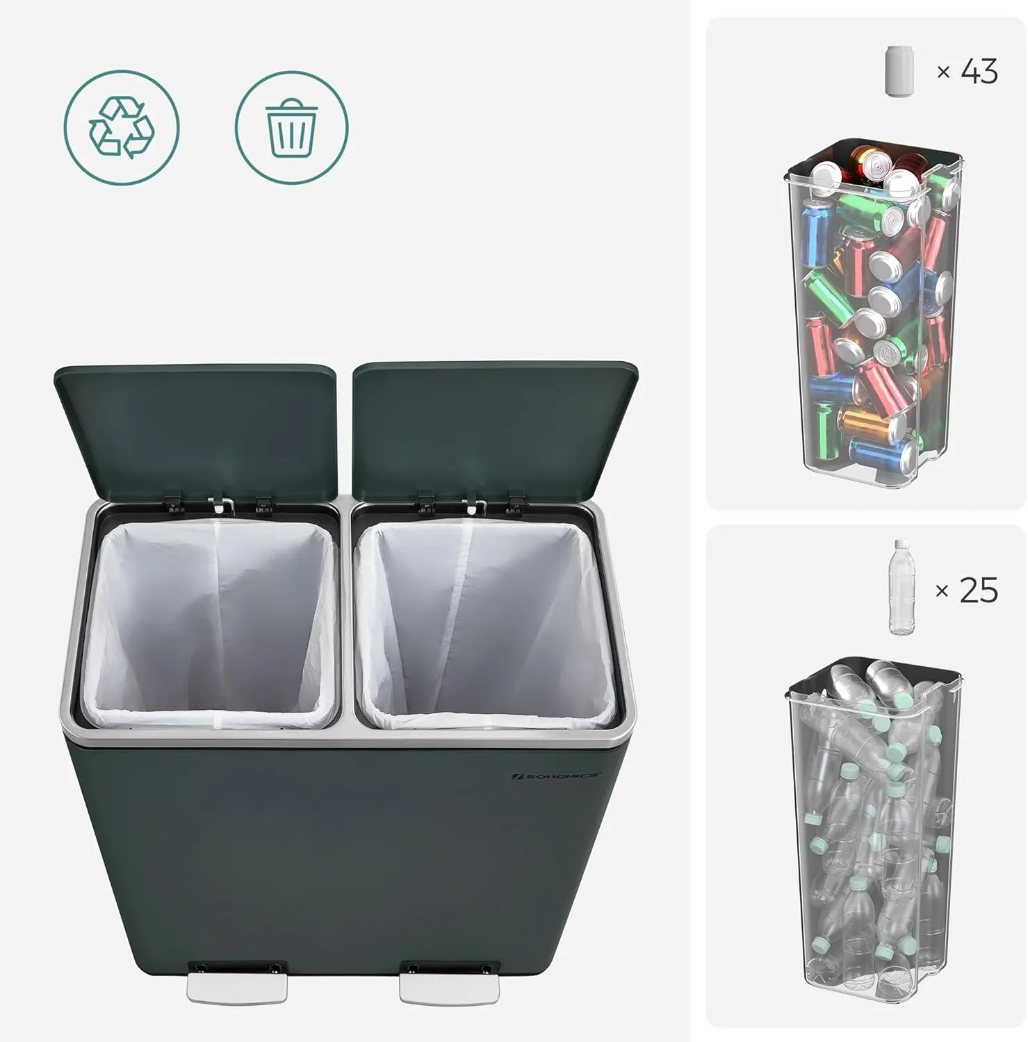Dual 60 Liters Powder Coated Steel Rubbish Bin - Smoky Grey