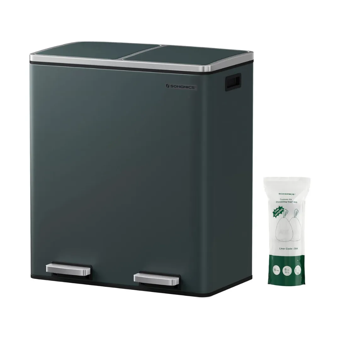 Dual 60 Liters Powder Coated Steel Rubbish Bin - Smoky Grey