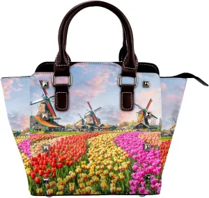 Dutch Windmills Tulips Flowers Women Leather Crossbody Handbag Mini Shoulder Bag Lightweight Top-Handle Tote Bags