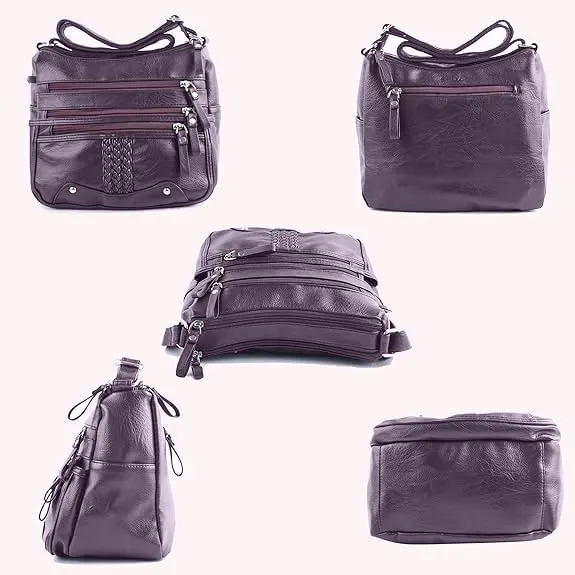 ELDA 10 Pockets Crossbody Purse for Women Medium Pocketbooks Ladies Soft PU Leather Shoulder Bag Ladies Top Handle Satchel