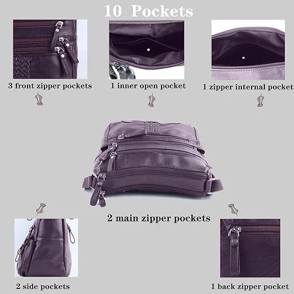 ELDA 10 Pockets Crossbody Purse for Women Medium Pocketbooks Ladies Soft PU Leather Shoulder Bag Ladies Top Handle Satchel