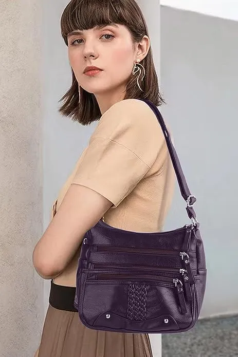 ELDA 10 Pockets Crossbody Purse for Women Medium Pocketbooks Ladies Soft PU Leather Shoulder Bag Ladies Top Handle Satchel