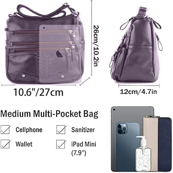 ELDA 10 Pockets Crossbody Purse for Women Medium Pocketbooks Ladies Soft PU Leather Shoulder Bag Ladies Top Handle Satchel