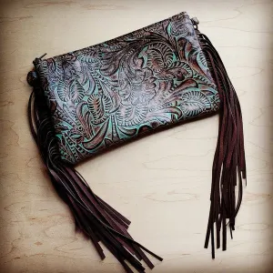 Embossed Turquoise Brown Floral Leather Clutch