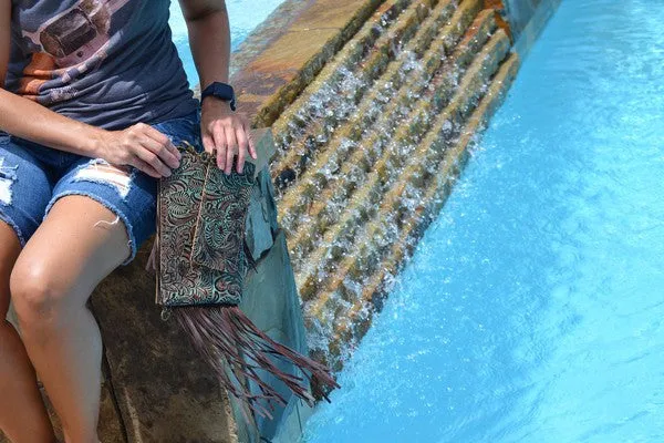 Embossed Turquoise Brown Floral Leather Clutch