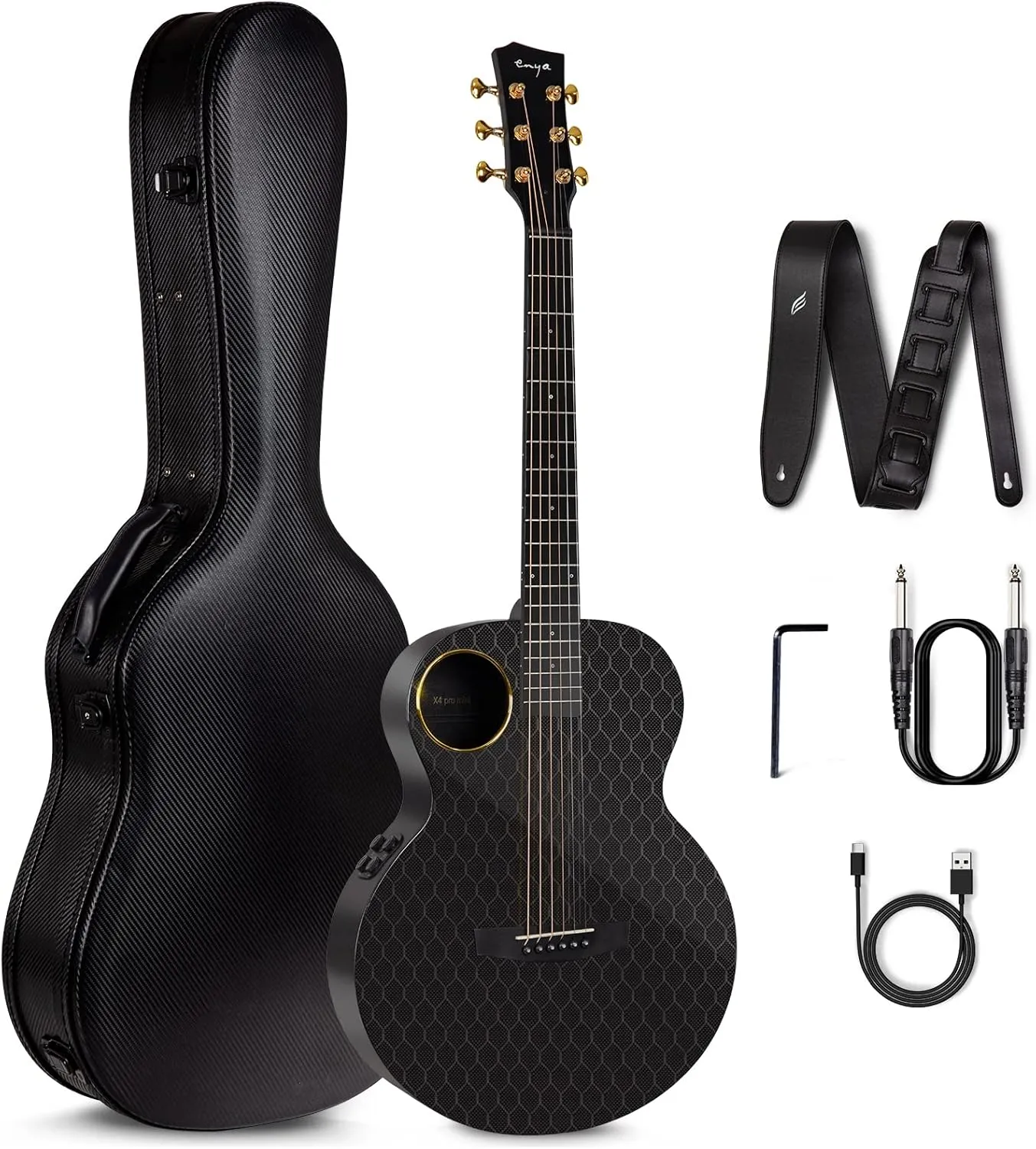 Enya Carbon Fiber Acoustic Electric Guitar X4 Pro Mini AcousticPlus 36” 3/4-Sized Guitar Bundle with Hard Case, Leather Strap, Instrument Cable & USB Type-C Charging Cable(X4 PRO MINI)