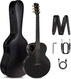 Enya Carbon Fiber Acoustic Electric Guitar X4 Pro Mini AcousticPlus 36” 3/4-Sized Guitar Bundle with Hard Case, Leather Strap, Instrument Cable & USB Type-C Charging Cable(X4 PRO MINI)