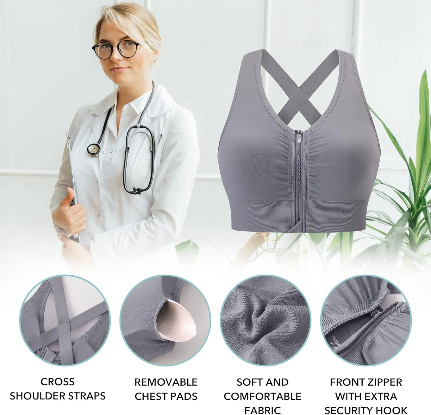Evercute Zip Front Post-Surgery Bra Women's Wireless Sports Bras Padded Strappy Medium Support Yoga Exercise Athletic Bras