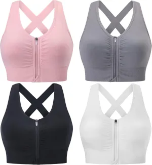 Evercute Zip Front Post-Surgery Bra Women's Wireless Sports Bras Padded Strappy Medium Support Yoga Exercise Athletic Bras