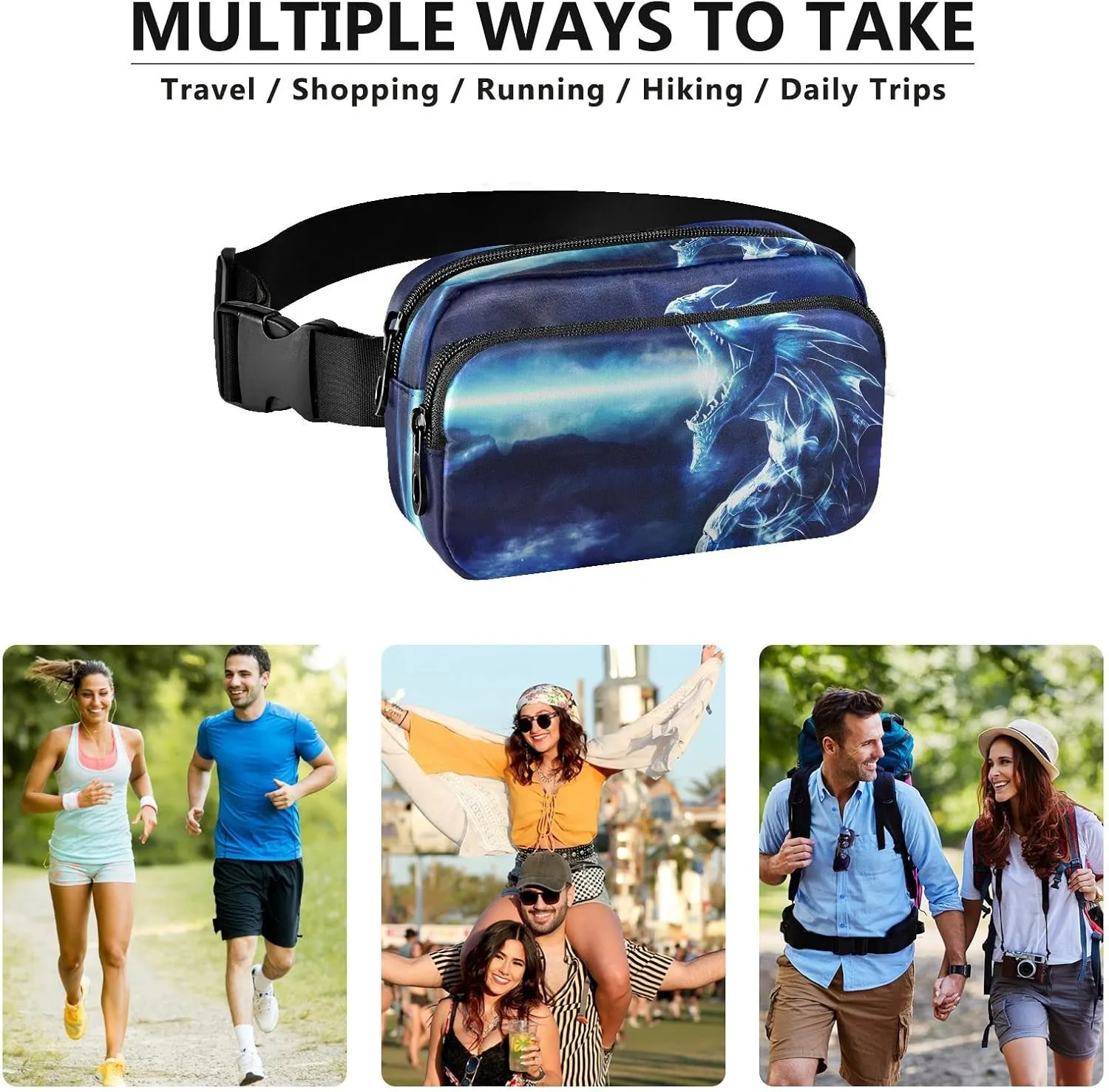 Exnundod Blue Angry Dragon Fanny Pack Waist Bag for Women Men, Art Design Adjustable Belt Bag Waterproof Fashion Waist Bag for Traveling Casual Running Hiking Cycling