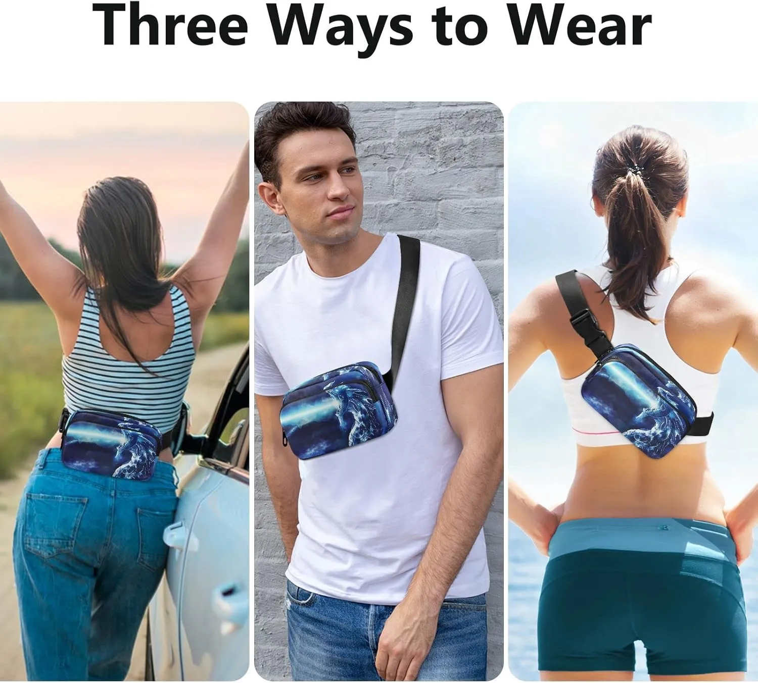 Exnundod Blue Angry Dragon Fanny Pack Waist Bag for Women Men, Art Design Adjustable Belt Bag Waterproof Fashion Waist Bag for Traveling Casual Running Hiking Cycling