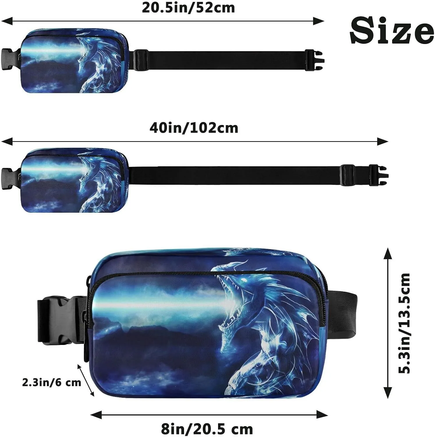 Exnundod Blue Angry Dragon Fanny Pack Waist Bag for Women Men, Art Design Adjustable Belt Bag Waterproof Fashion Waist Bag for Traveling Casual Running Hiking Cycling