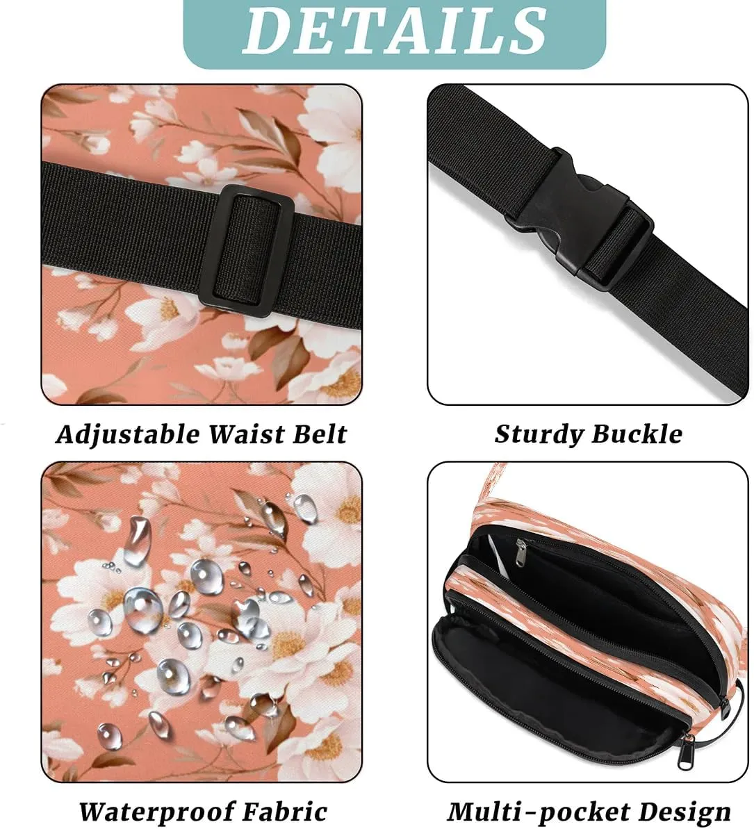 Exquisite Radiant Print Flower Fanny Packs for Women Men Waterproof Waist Bag with Adjustable Strap Belt Bag for Travel Running Hiking
