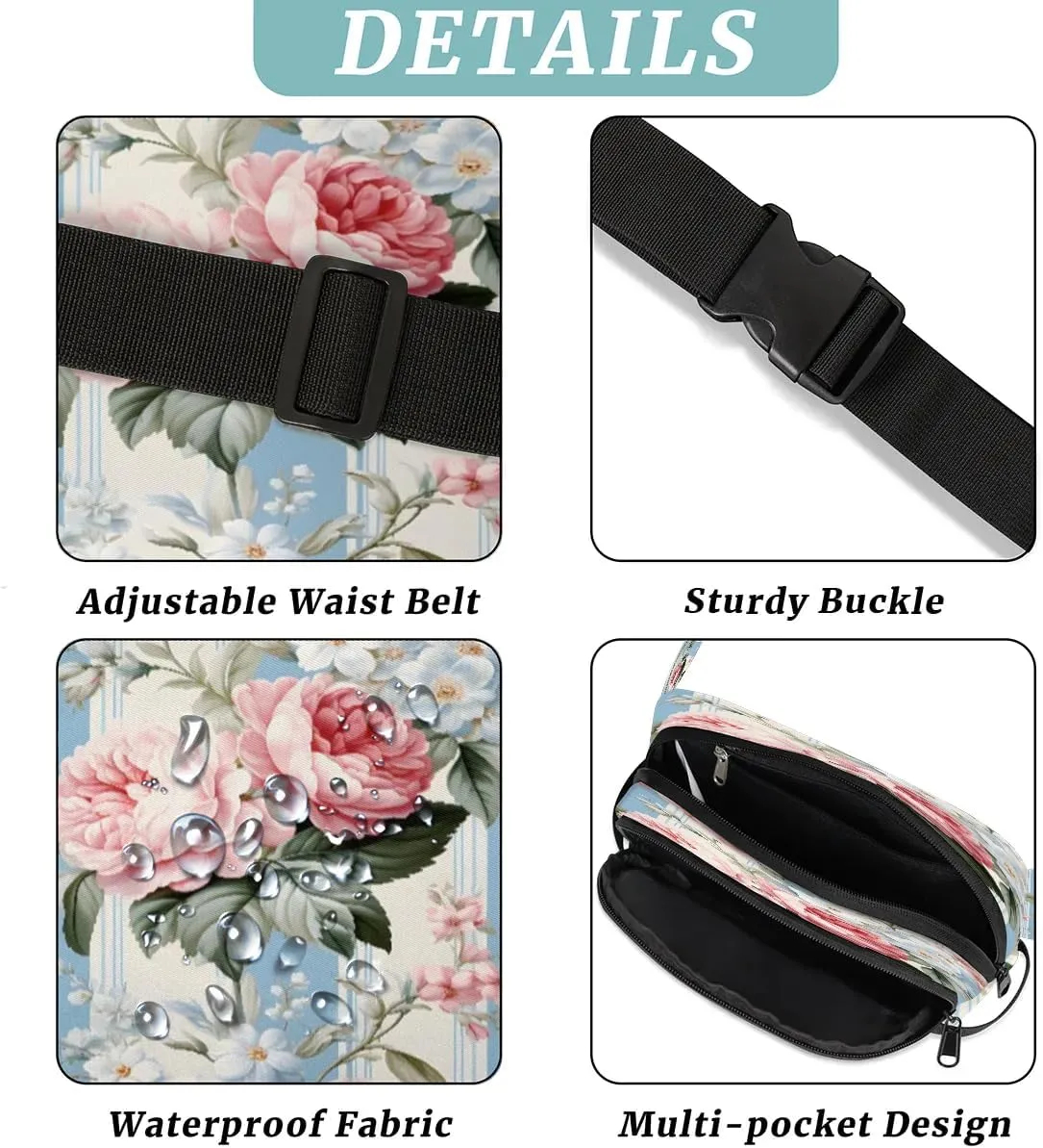 Exquisite Radiant Printings Flower Fanny Packs for Women Men Waterproof Waist Bag with Adjustable Strap Belt Bag for Travel Running Hiking