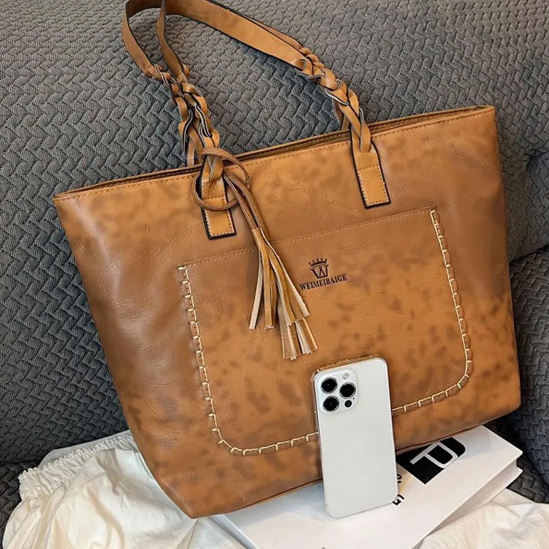 FAIME Classic Tote Bag for Women, Vegan Leather Purse Top-handle Shoulder Handbag