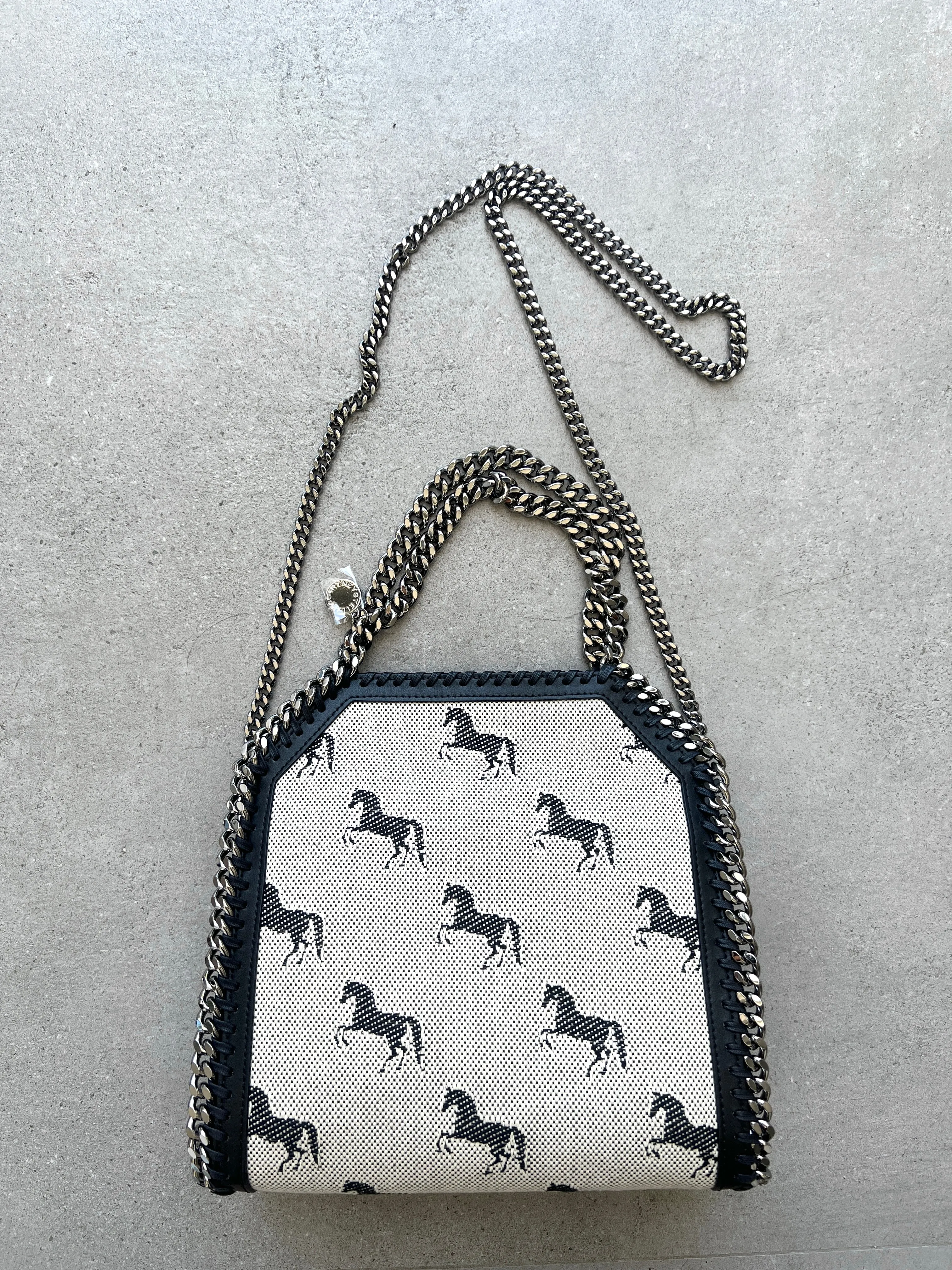 Falabella Mini Tote Horses Jacquard, Cream/Black