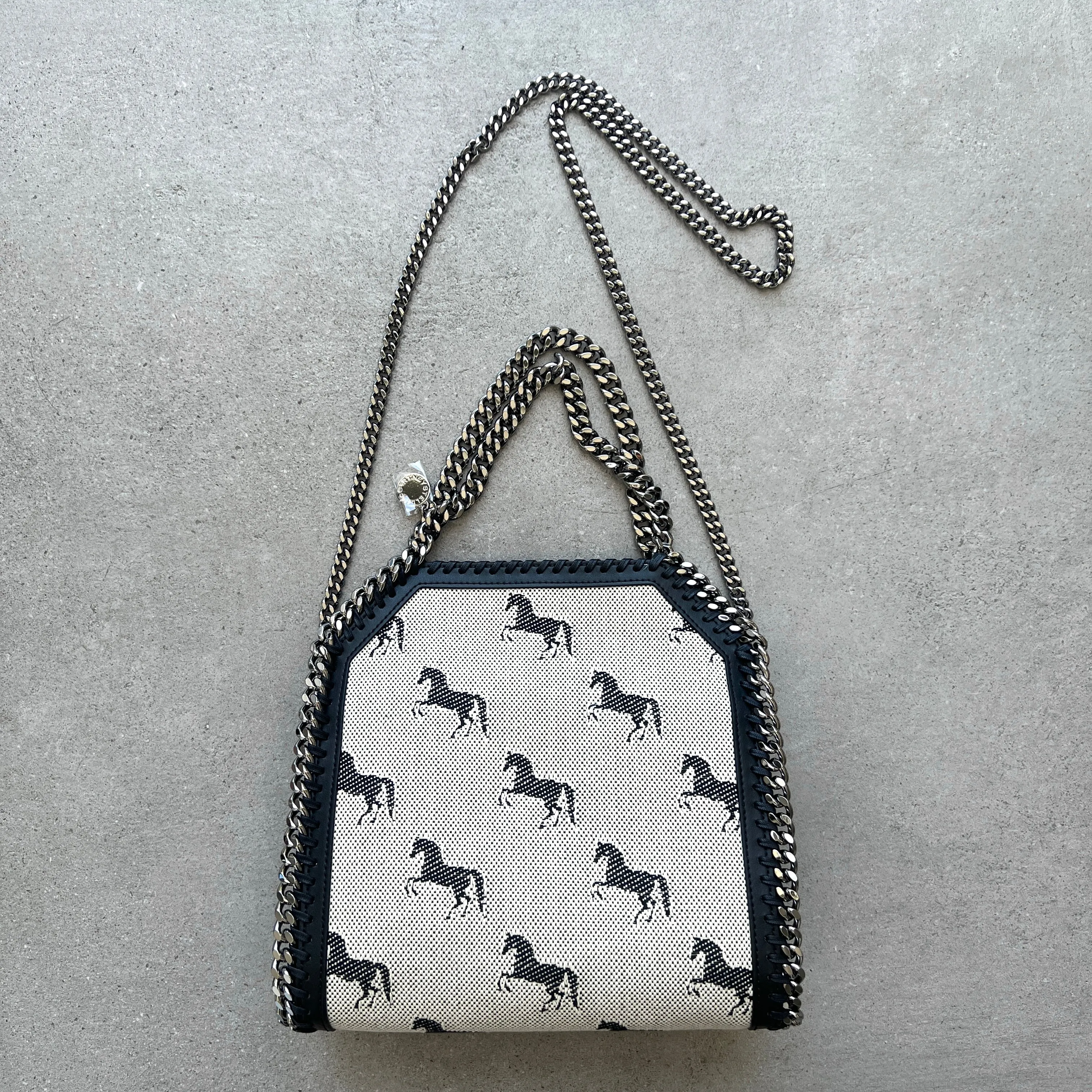 Falabella Mini Tote Horses Jacquard, Cream/Black
