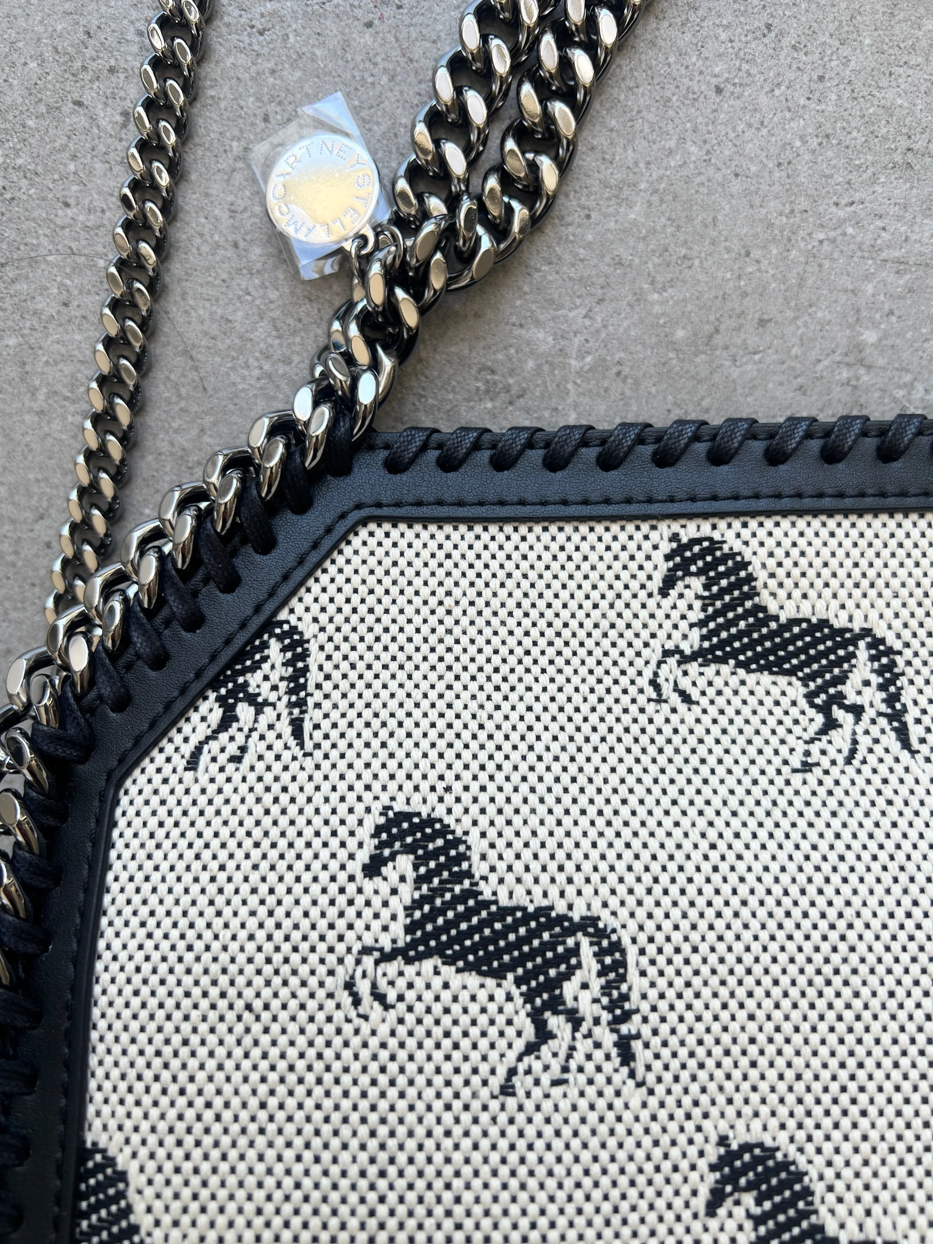 Falabella Mini Tote Horses Jacquard, Cream/Black