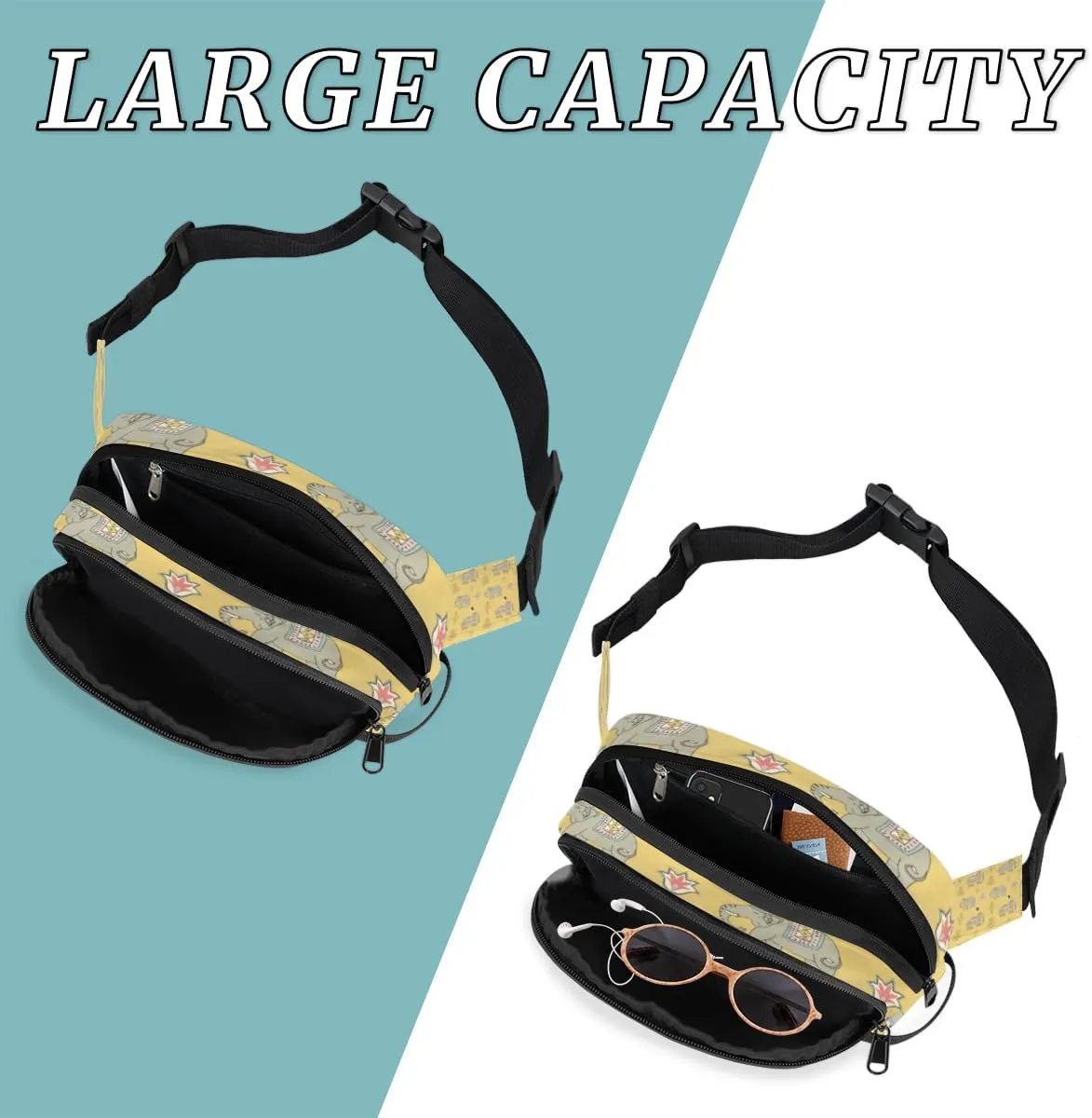 Fanny Pack for Women Men Animal Elephants Pattern Crossbody Belt Bag with 3 Zipper Pockets Fashion Waterproof Waist Pack with Adjustable Strap for Travel Running Hiking Cycling