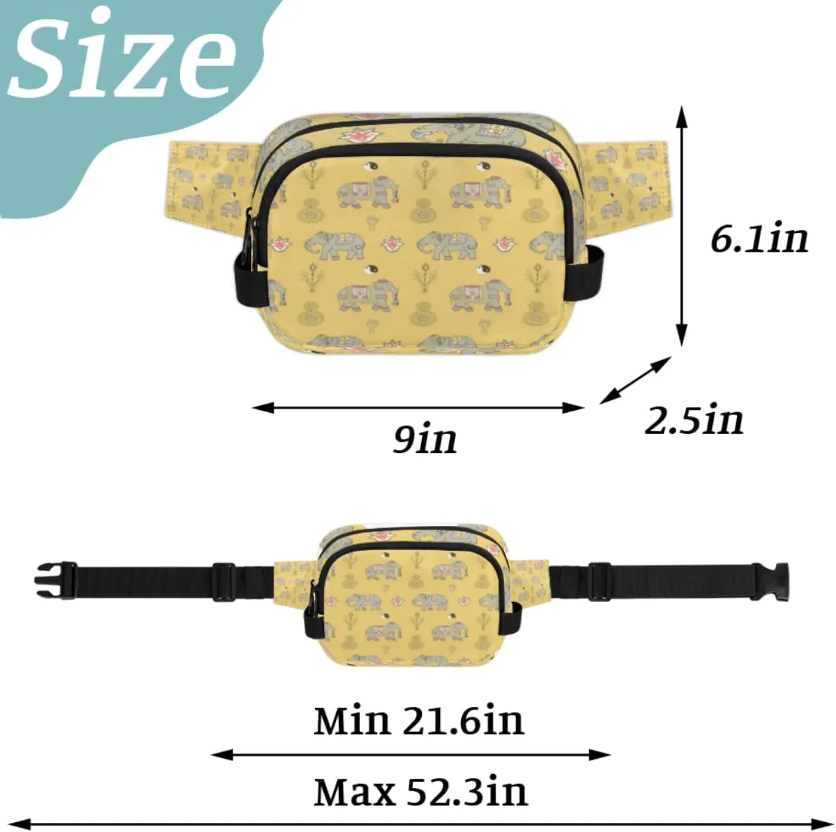 Fanny Pack for Women Men Animal Elephants Pattern Crossbody Belt Bag with 3 Zipper Pockets Fashion Waterproof Waist Pack with Adjustable Strap for Travel Running Hiking Cycling