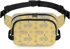 Fanny Pack for Women Men Animal Elephants Pattern Crossbody Belt Bag with 3 Zipper Pockets Fashion Waterproof Waist Pack with Adjustable Strap for Travel Running Hiking Cycling
