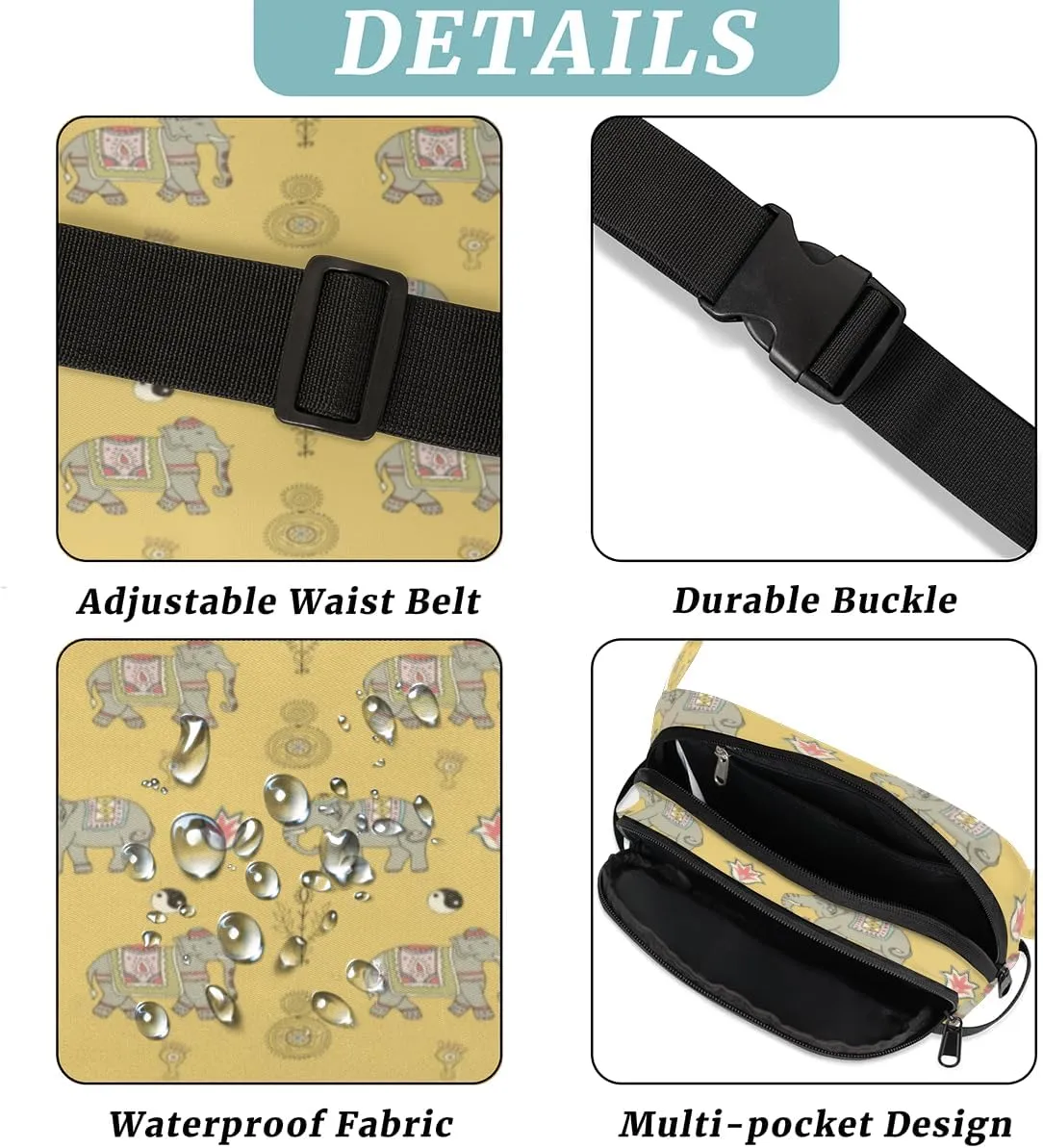Fanny Pack for Women Men Animal Elephants Pattern Crossbody Belt Bag with 3 Zipper Pockets Fashion Waterproof Waist Pack with Adjustable Strap for Travel Running Hiking Cycling