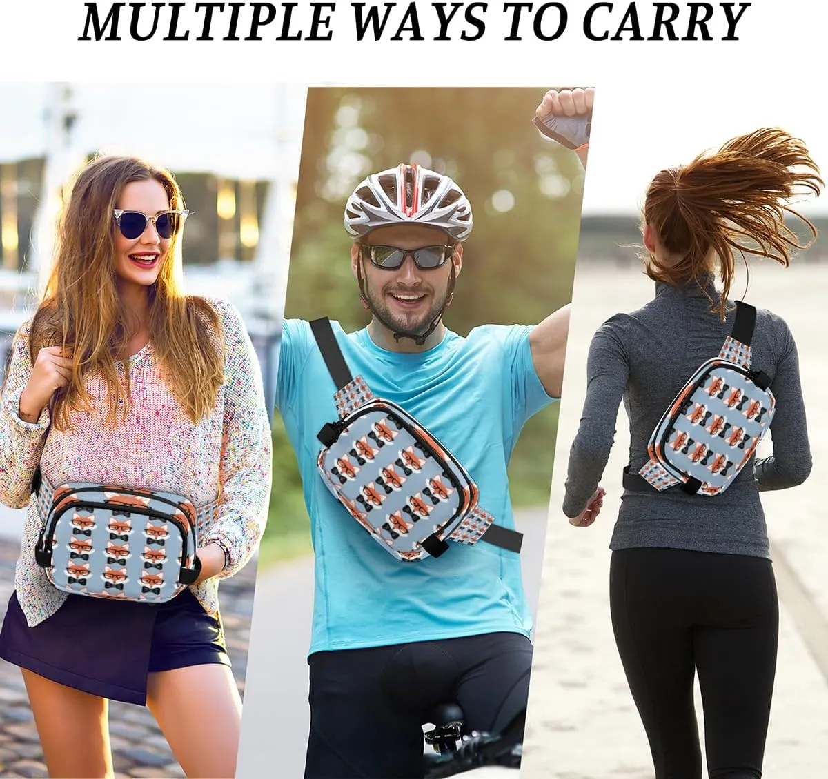 Fanny Pack for Women Men Animal Fox Crossbody Belt Bag with 3 Zipper Pockets Fashion Waterproof Waist Pack with Adjustable Strap for Travel Running Hiking Cycling