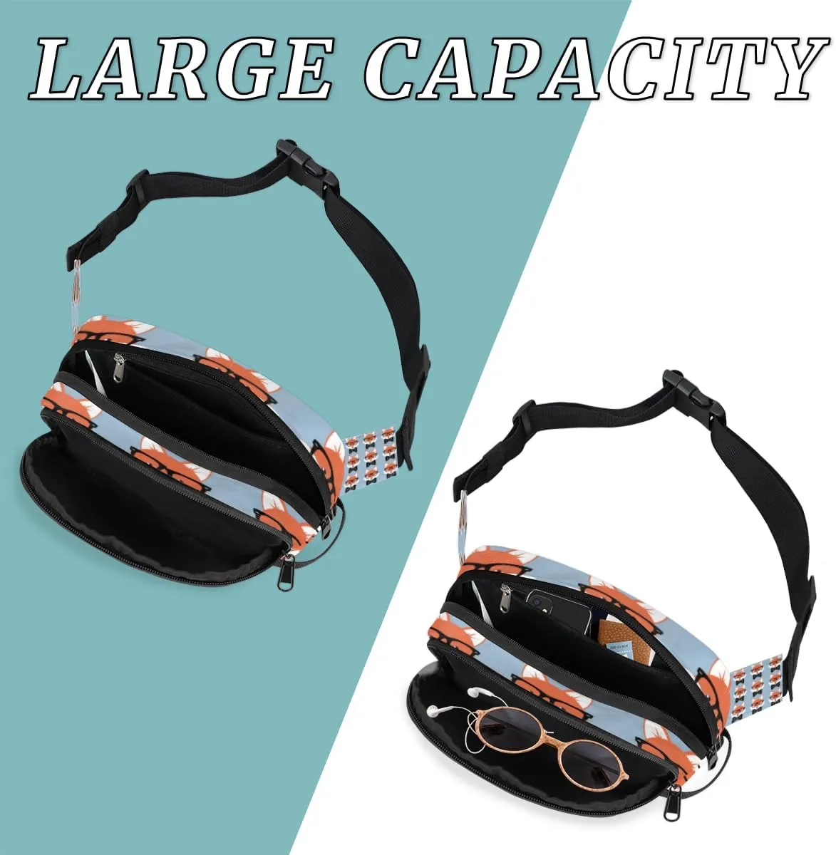 Fanny Pack for Women Men Animal Fox Crossbody Belt Bag with 3 Zipper Pockets Fashion Waterproof Waist Pack with Adjustable Strap for Travel Running Hiking Cycling