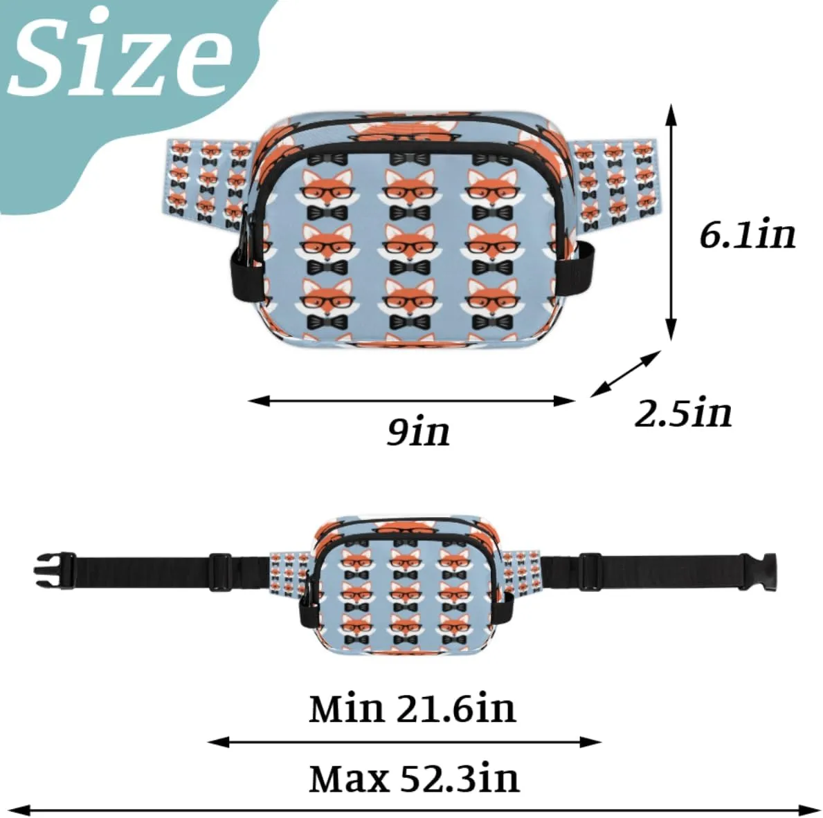 Fanny Pack for Women Men Animal Fox Crossbody Belt Bag with 3 Zipper Pockets Fashion Waterproof Waist Pack with Adjustable Strap for Travel Running Hiking Cycling