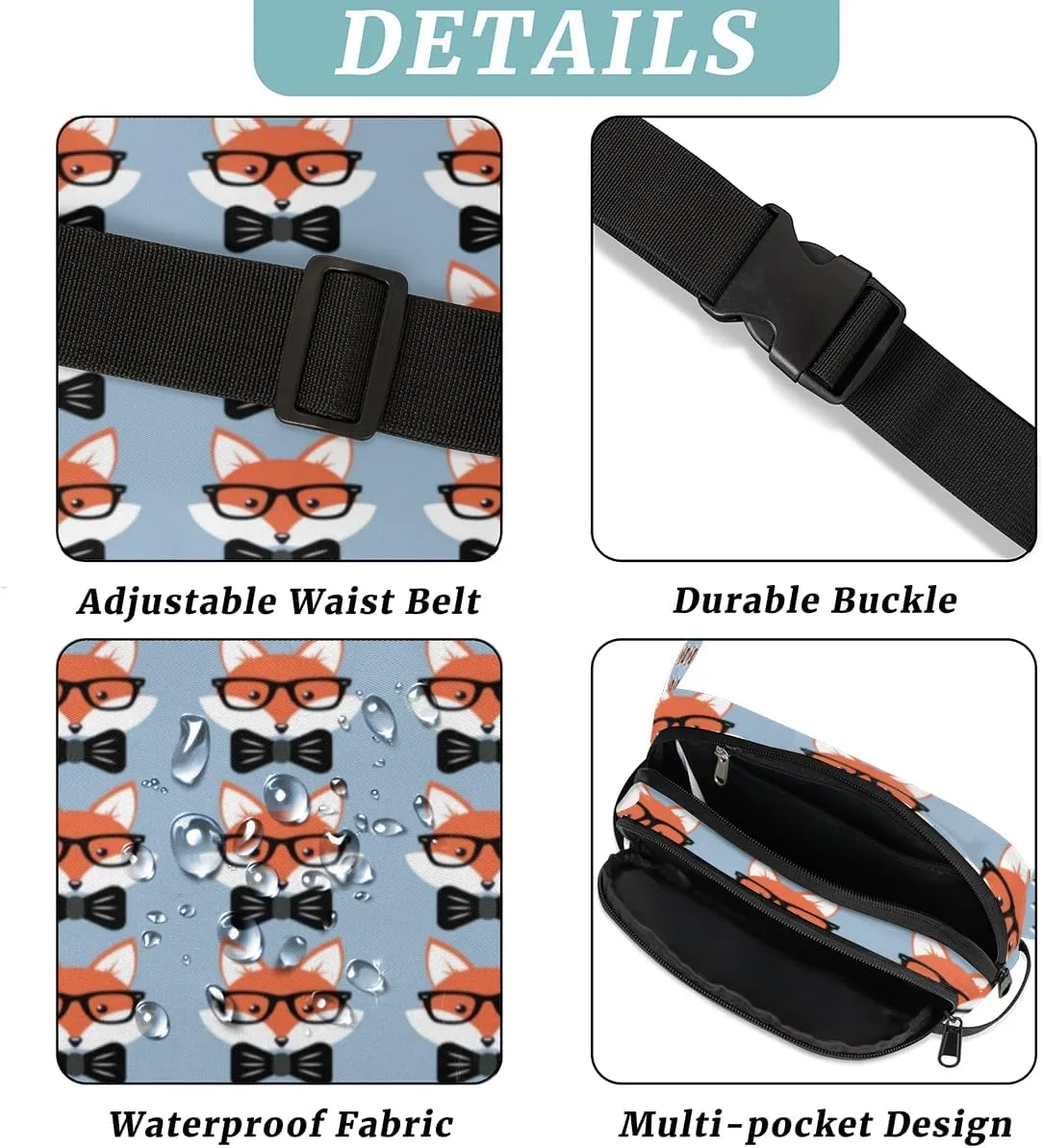 Fanny Pack for Women Men Animal Fox Crossbody Belt Bag with 3 Zipper Pockets Fashion Waterproof Waist Pack with Adjustable Strap for Travel Running Hiking Cycling