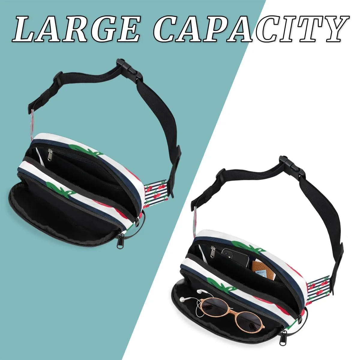Fanny Pack for Women Men Cute Cherry Paint Crossbody Belt Bag with 3 Zipper Pockets Fashion Waterproof Waist Pack with Adjustable Strap for Travel Running Hiking Cycling