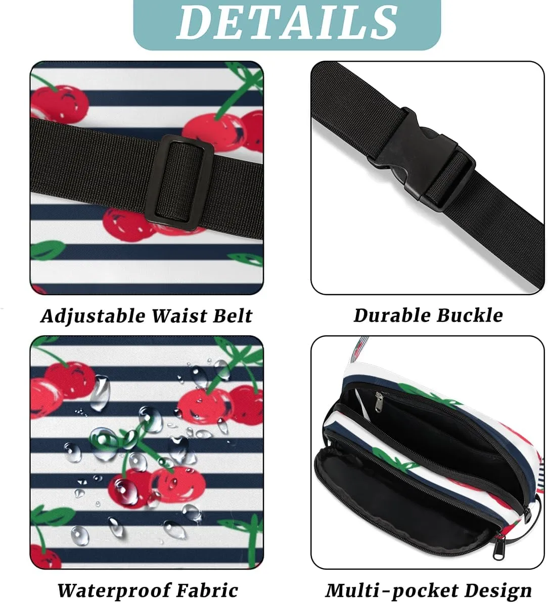 Fanny Pack for Women Men Cute Cherry Paint Crossbody Belt Bag with 3 Zipper Pockets Fashion Waterproof Waist Pack with Adjustable Strap for Travel Running Hiking Cycling