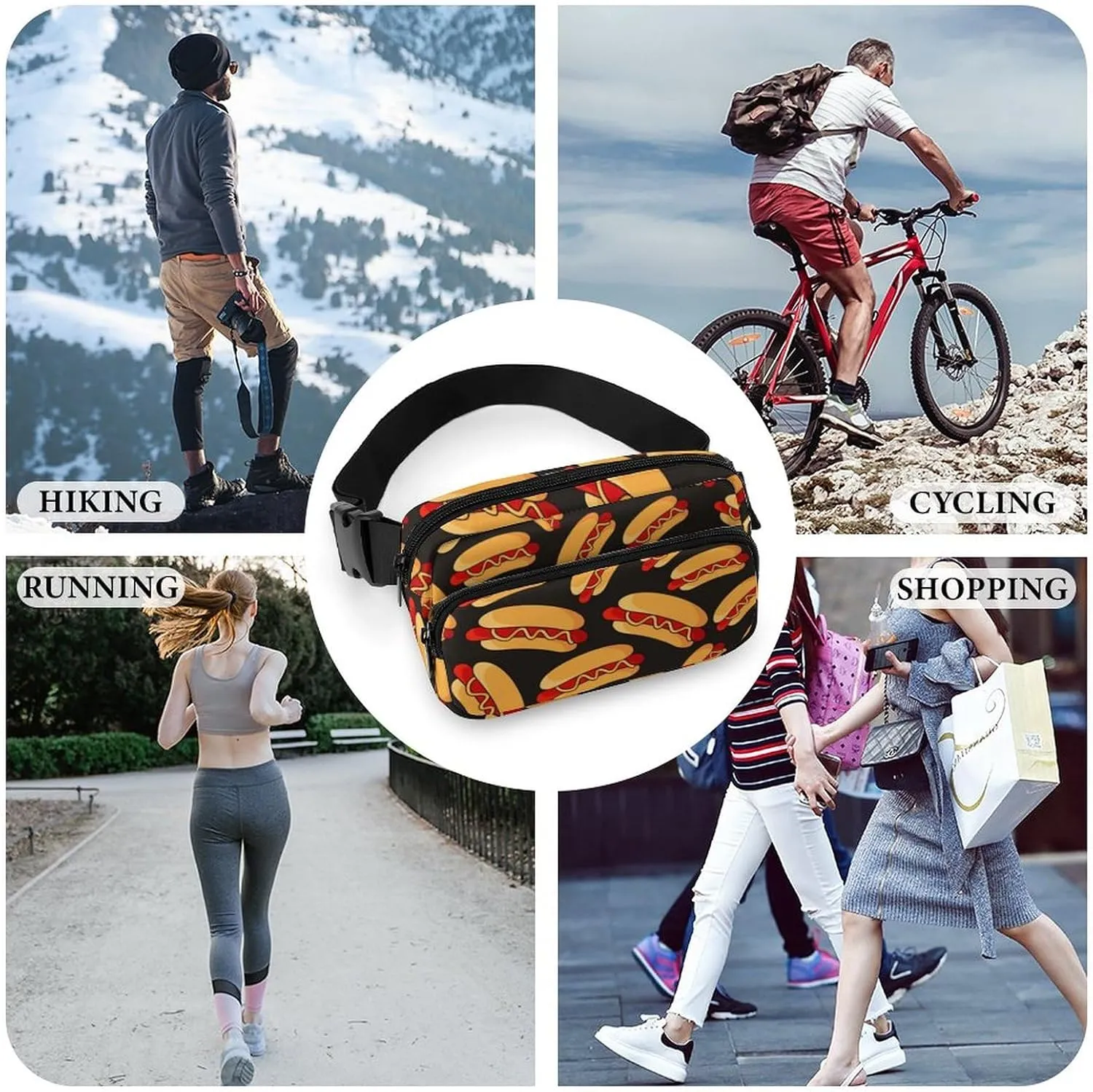 Fanny Packs for Women Men, Fun Food Hotdog Hot Dogs Belt Pack Lightweight Hip Bum Bag Stylish Water Resistant Hiking Waist Bag for Sports Festival Workout