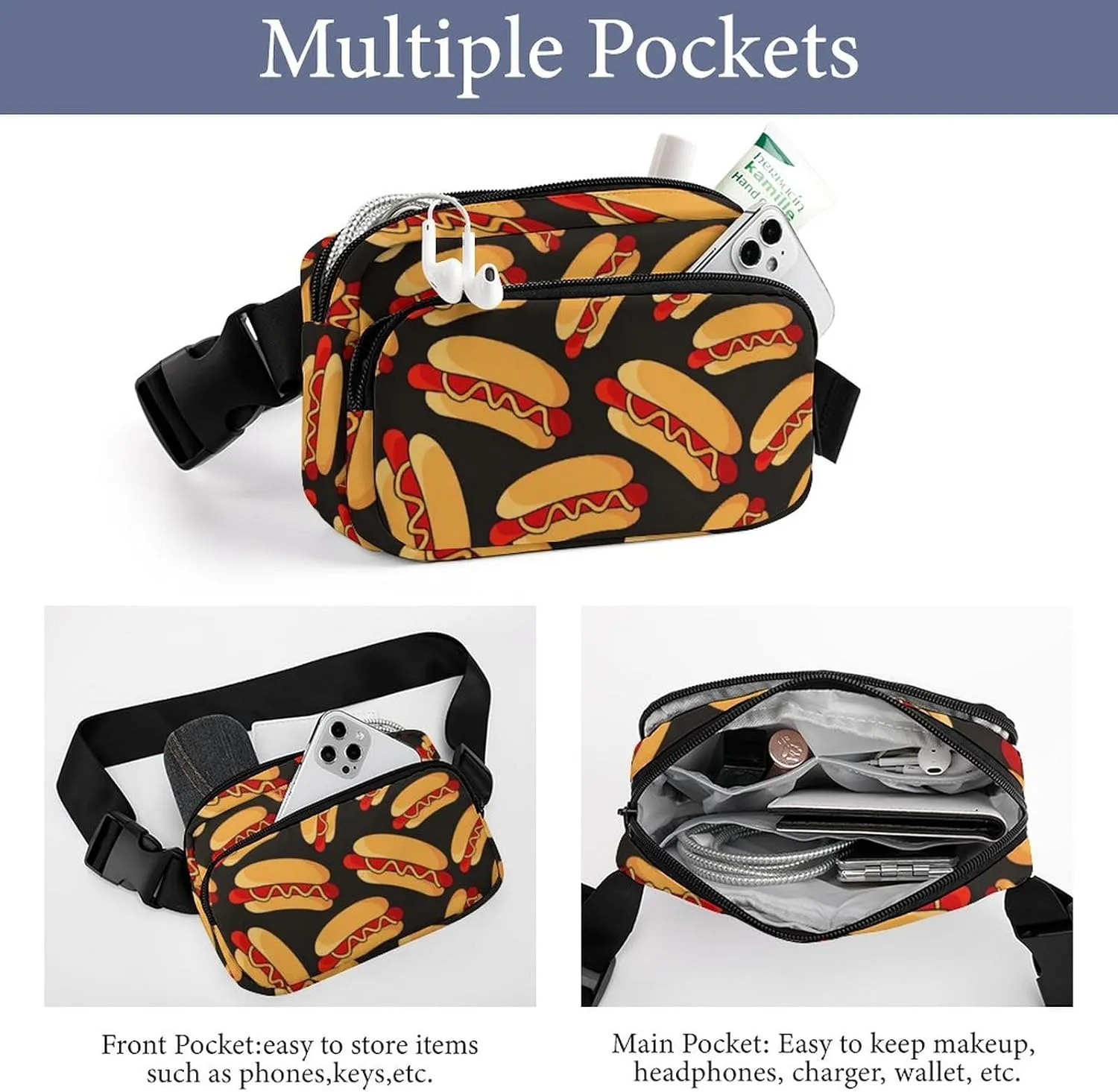 Fanny Packs for Women Men, Fun Food Hotdog Hot Dogs Belt Pack Lightweight Hip Bum Bag Stylish Water Resistant Hiking Waist Bag for Sports Festival Workout