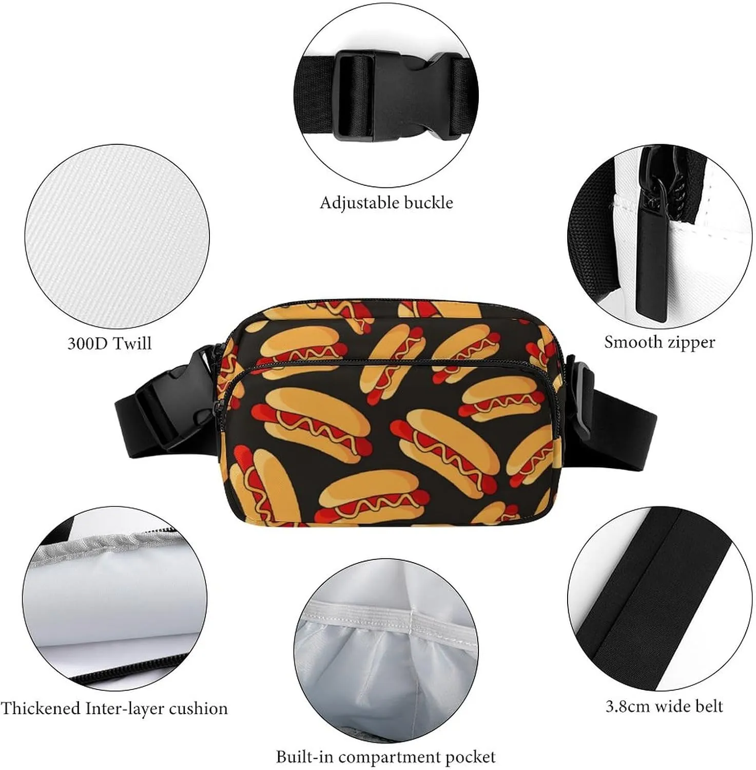 Fanny Packs for Women Men, Fun Food Hotdog Hot Dogs Belt Pack Lightweight Hip Bum Bag Stylish Water Resistant Hiking Waist Bag for Sports Festival Workout