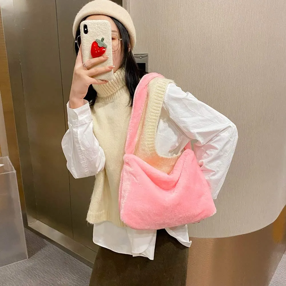 Fashion Animal Pattern Shoulder Underarm Bag Women Plush Top-handle Handbag