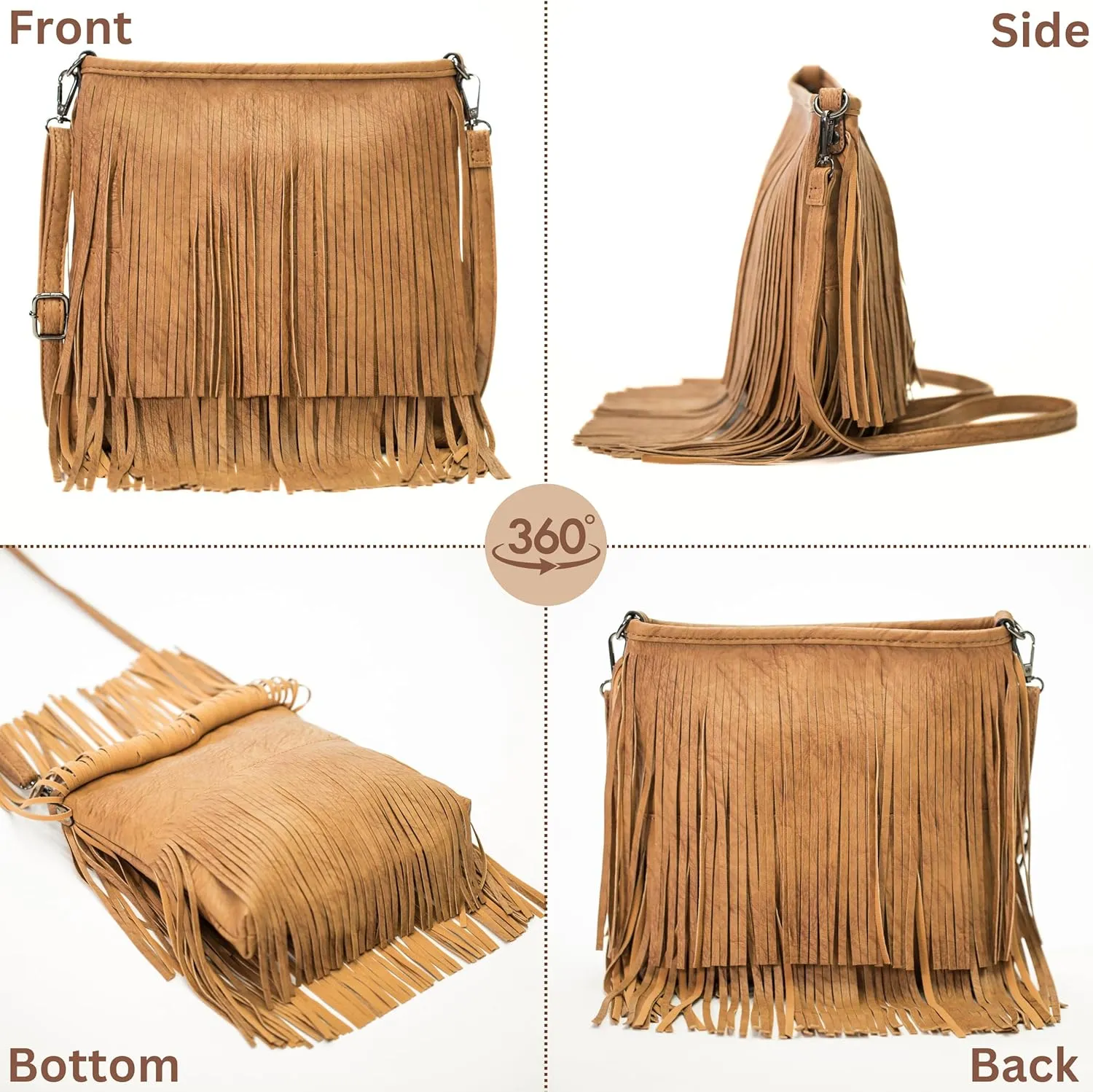 Faux Leather Fringe Crossbody Bag for Women – Cowgirl Tassel Shoulder Purse with Zip Closure – Medium Size – Dakota