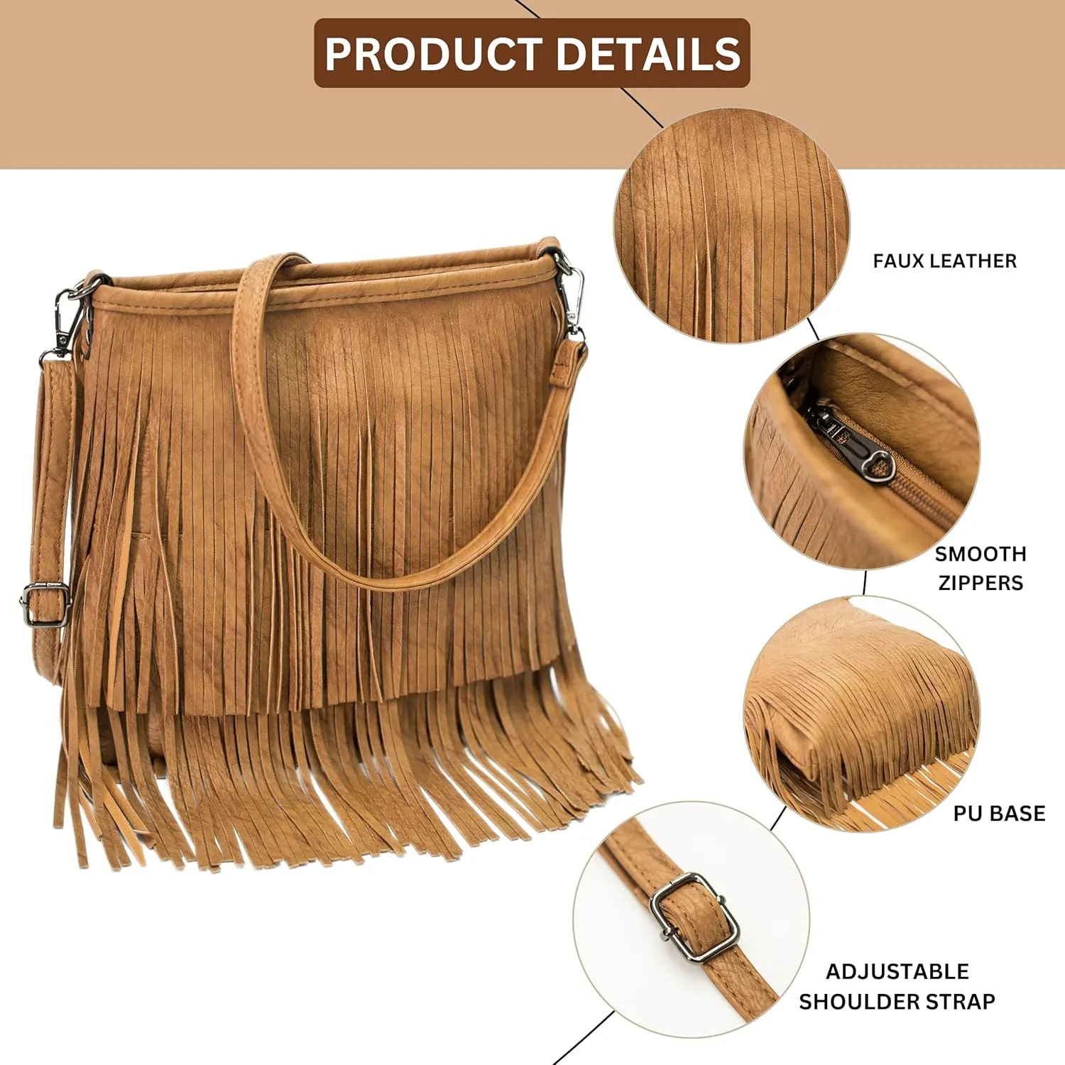 Faux Leather Fringe Crossbody Bag for Women – Cowgirl Tassel Shoulder Purse with Zip Closure – Medium Size – Dakota