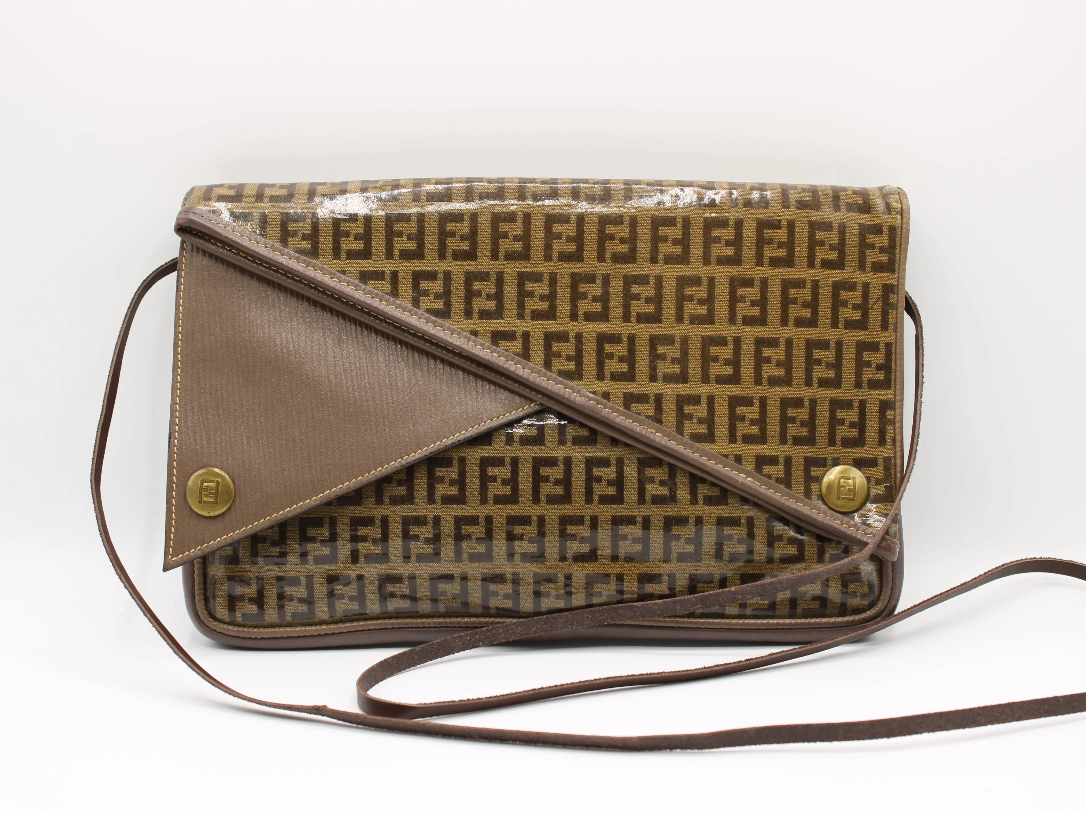 Fendi Zucchino Crossbody Bag Brown Triple Flap Design Vintage
